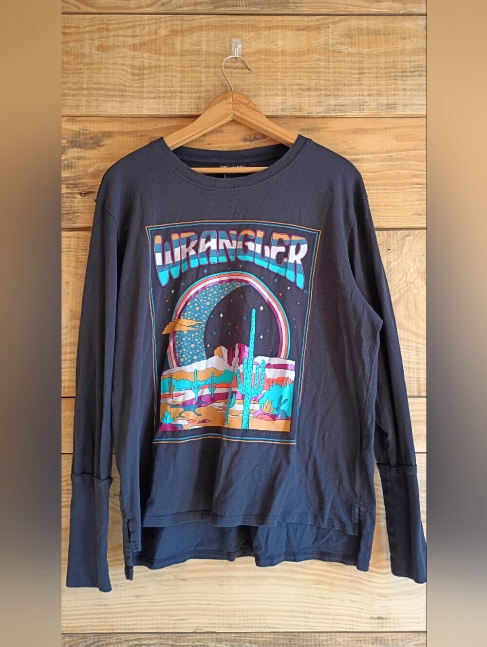 Wrangler Western Black Long Sleeve Tee with Colorful Desert Graphic Cowgirl